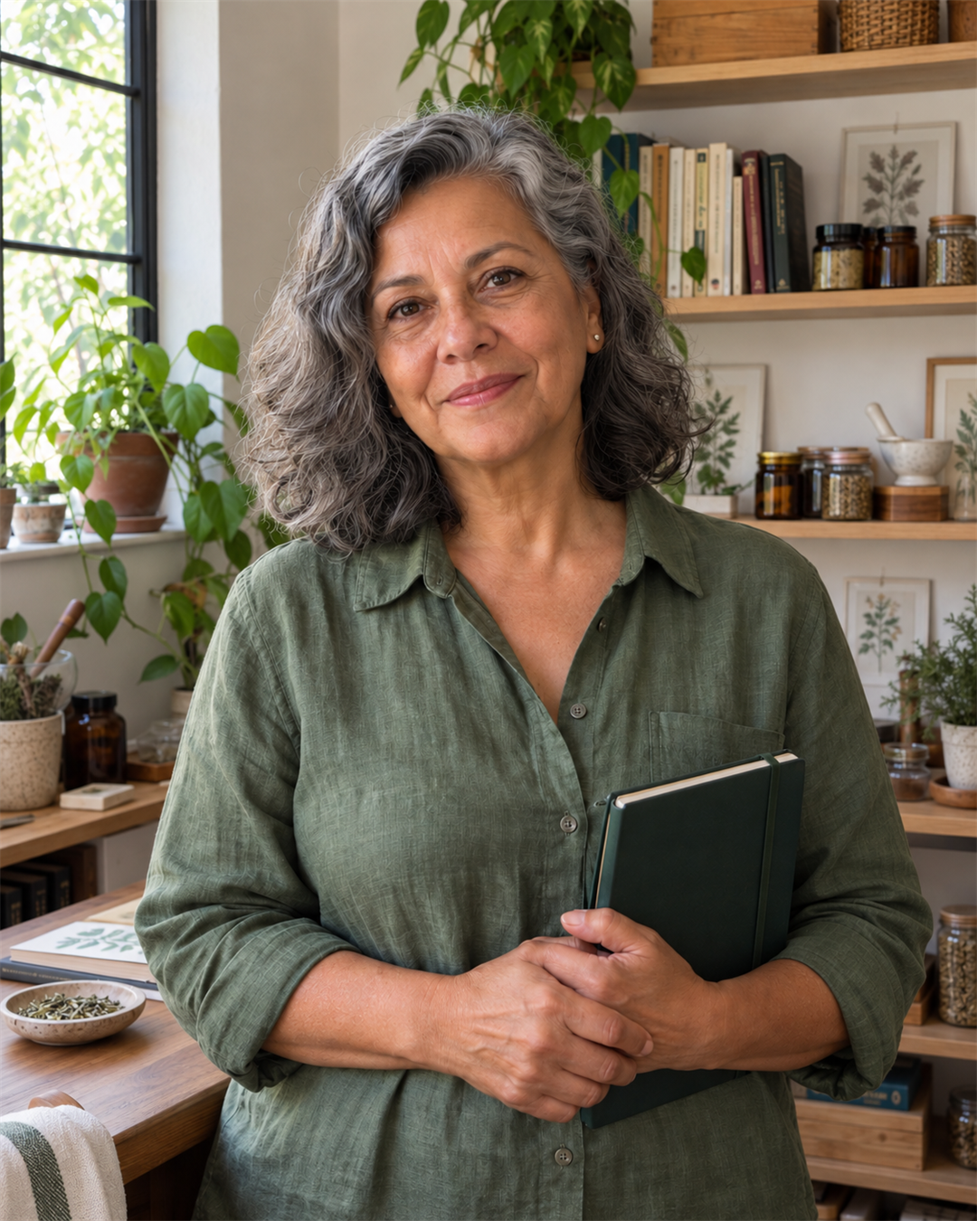 Helena segurando seu caderno verde em meio a plantas e livros